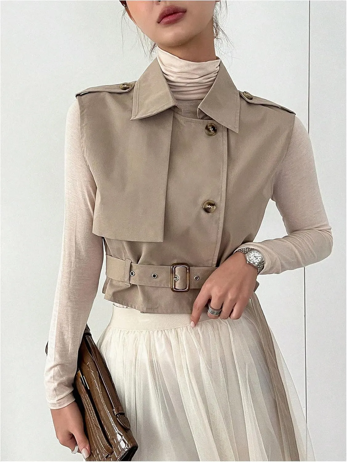 WDIRARA Women's Lapel Collar Sleeveless Belted Cropped Trench Coat Sleeveless Vest Coat