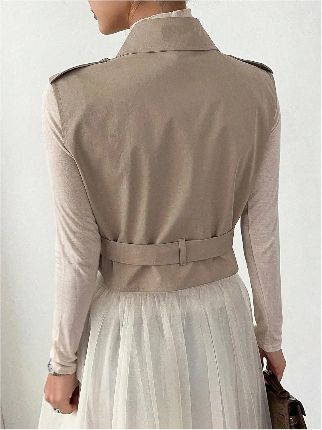 WDIRARA Women's Lapel Collar Sleeveless Belted Cropped Trench Coat Sleeveless Vest Coat