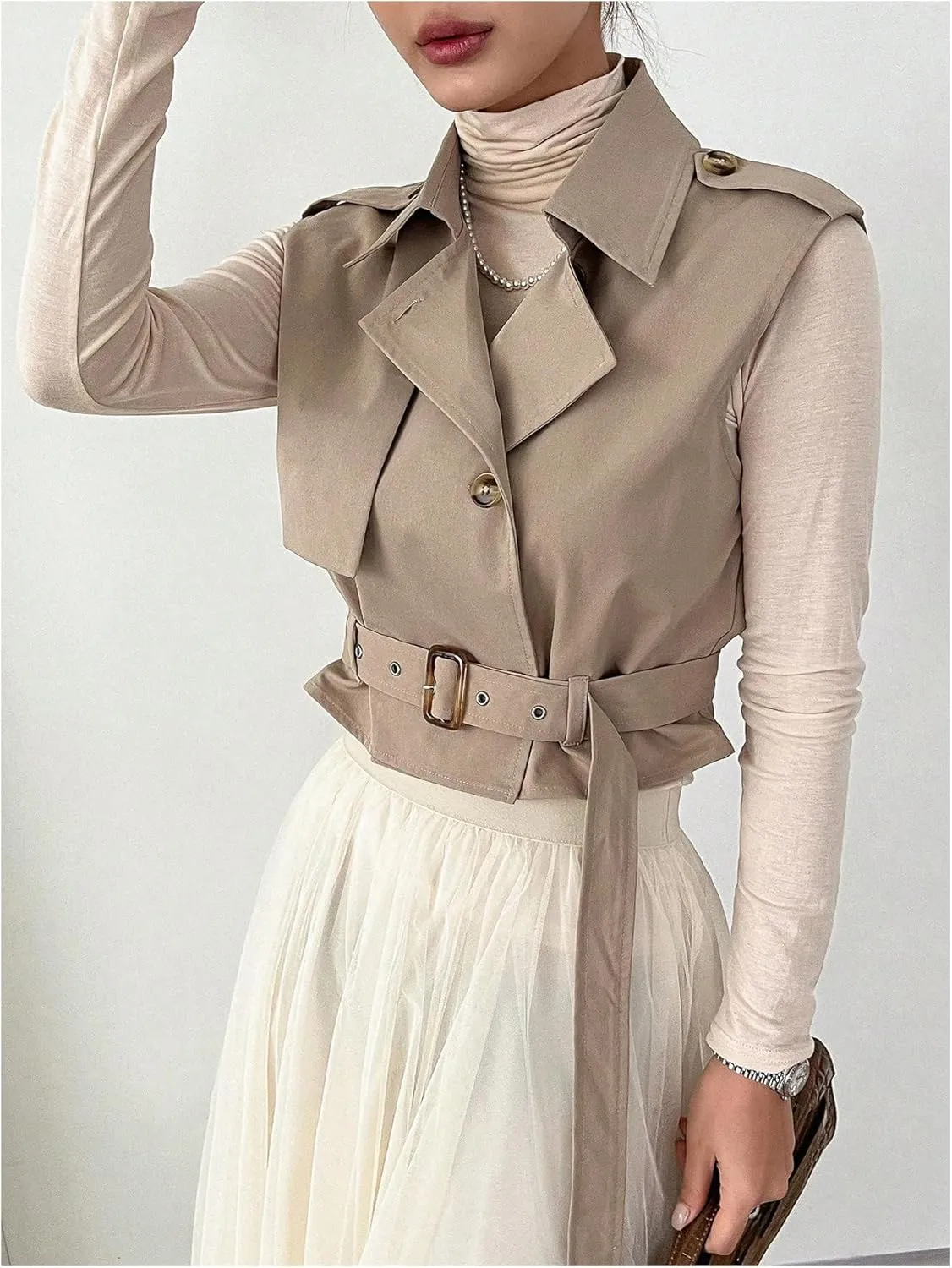 WDIRARA Women's Lapel Collar Sleeveless Belted Cropped Trench Coat Sleeveless Vest Coat