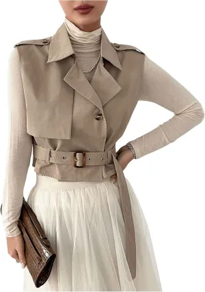 WDIRARA Women's Lapel Collar Sleeveless Belted Cropped Trench Coat Sleeveless Vest Coat