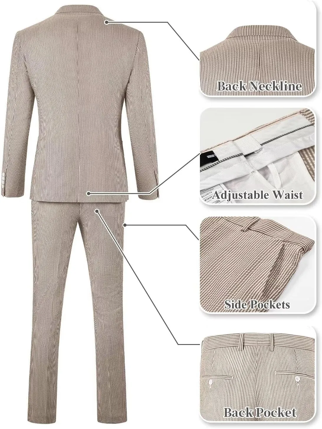 Wehilion Men 2 Pieces Seersucker Suit Casual 2 Button Slim Fit Striped Suits for Men Summer Wedding Prom Suit Jacket Pants