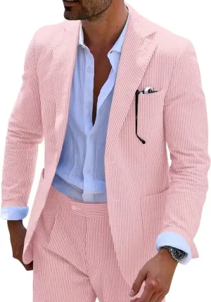 Wehilion Men 2 Pieces Seersucker Suit Casual 2 Button Slim Fit Striped Suits for Men Summer Wedding Prom Suit Jacket Pants