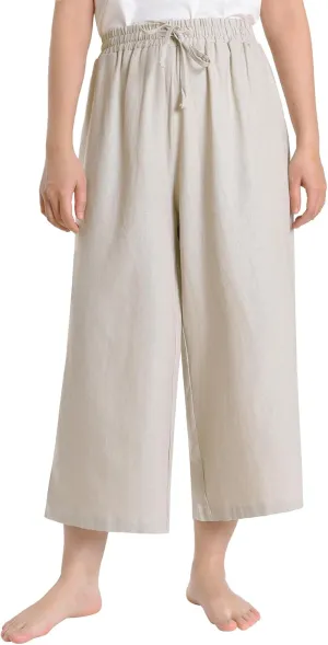 Weintee Women's Linen Capris Wide Leg Cropped Pants with Pockets