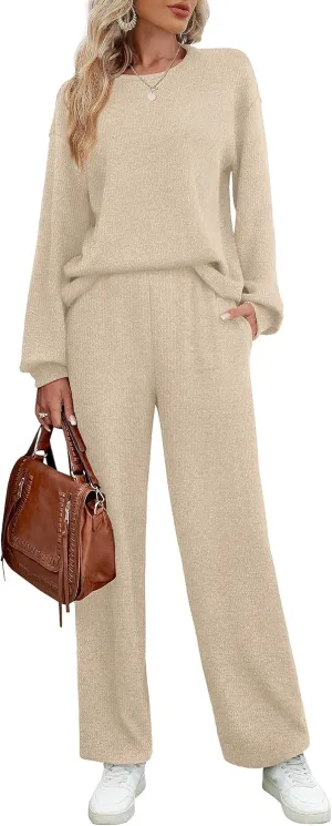 WIHOLL Womens Sweatsuits Sets Long Sleeve Crewneck Top Wide Leg Pants Two Piece Outfits