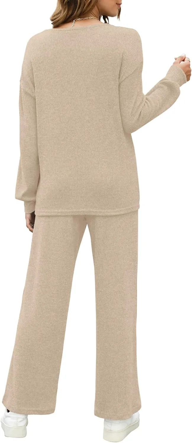 WIHOLL Womens Sweatsuits Sets Long Sleeve Crewneck Top Wide Leg Pants Two Piece Outfits
