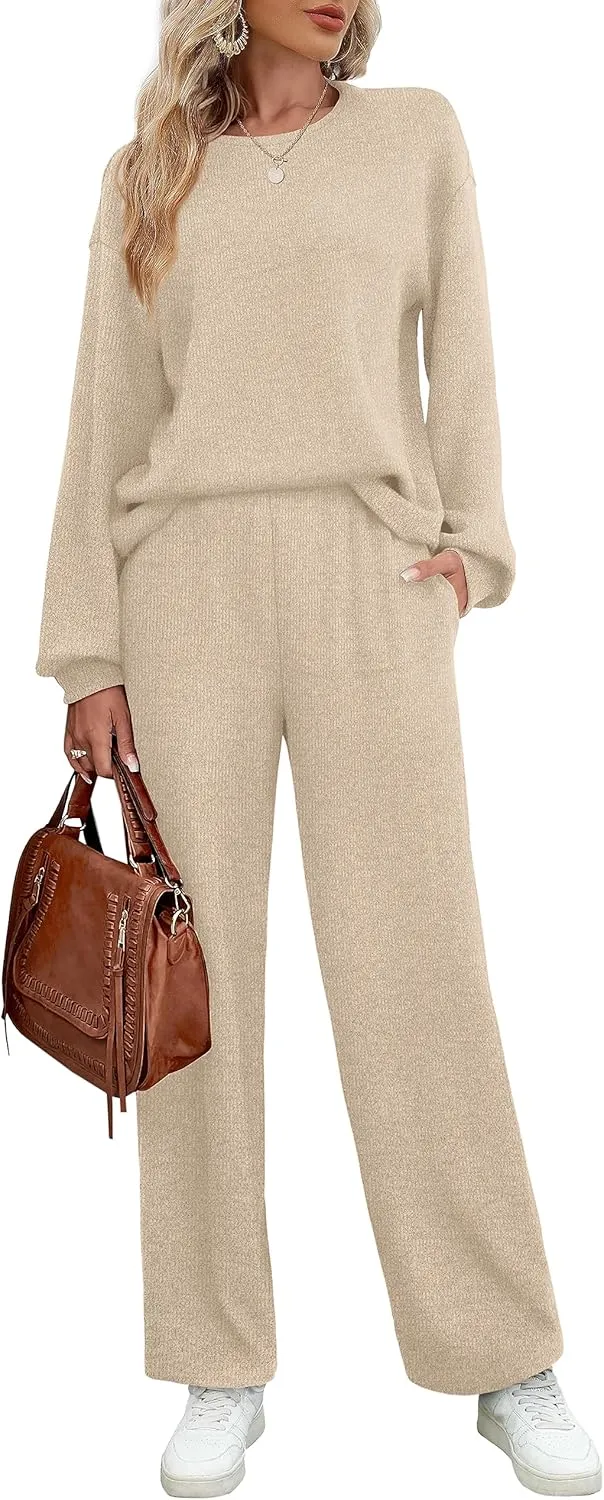 WIHOLL Womens Sweatsuits Sets Long Sleeve Crewneck Top Wide Leg Pants Two Piece Outfits