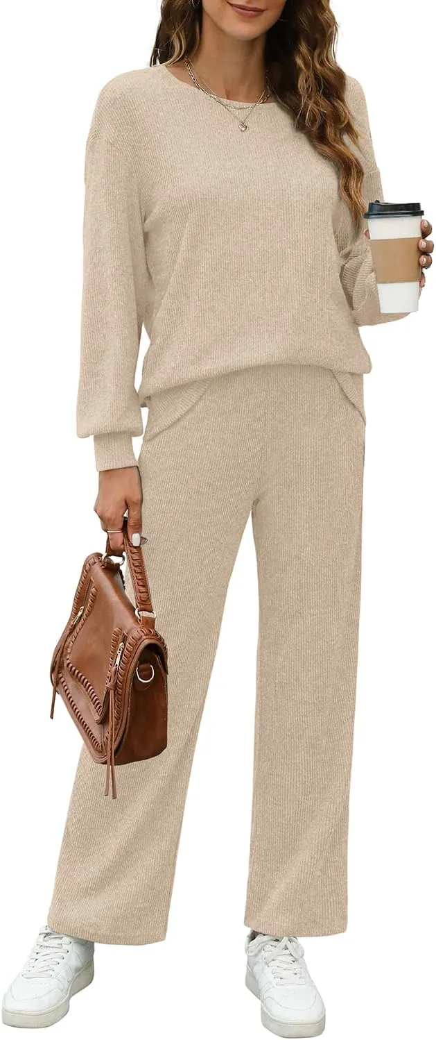 WIHOLL Womens Sweatsuits Sets Long Sleeve Crewneck Top Wide Leg Pants Two Piece Outfits