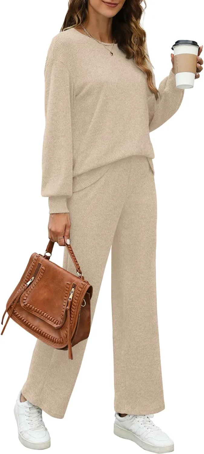 WIHOLL Womens Sweatsuits Sets Long Sleeve Crewneck Top Wide Leg Pants Two Piece Outfits