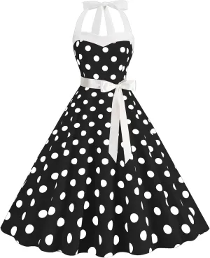 Women 1950s Retro Audrey Hepburn Dress Self Tie Backless Polka Dot 50s 60s Vintage Swing Cocktail Tea Party Dresses
