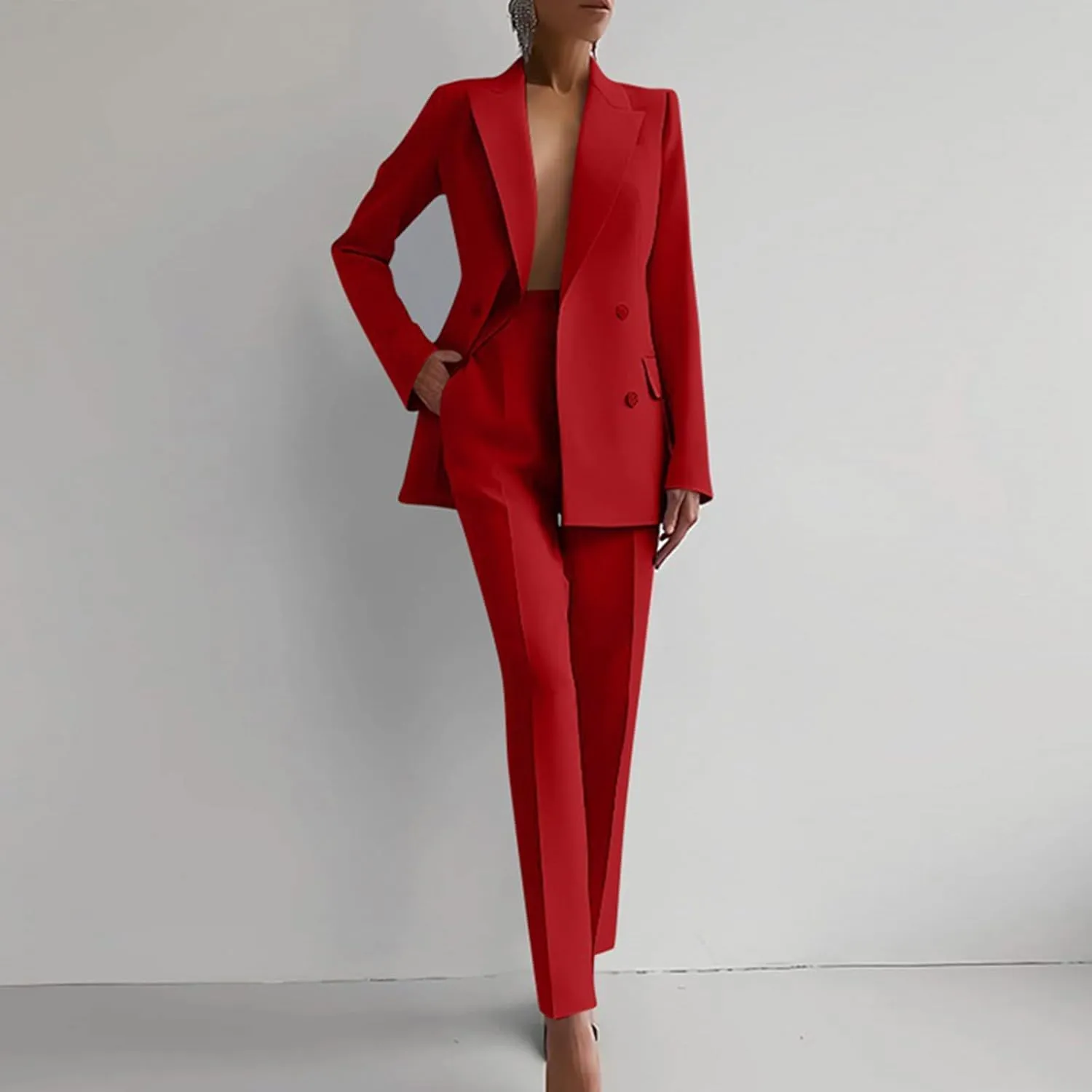 Women 2 Piece Outfits Double Breasted Blazer and Straight Leg Work Pants Casual Blazer Set Dressy Business Office Suits