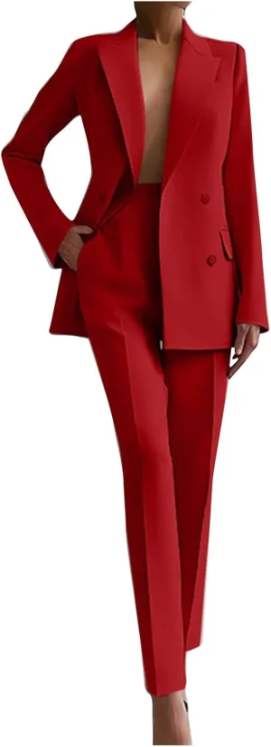 Women 2 Piece Outfits Double Breasted Blazer and Straight Leg Work Pants Casual Blazer Set Dressy Business Office Suits