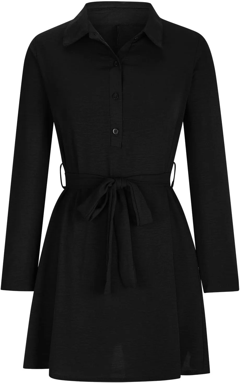 Women 2024 Loose Mini Dress Button V Neck Tie Waist Dresses Casual Long Sleeve Plain Shift Tunic