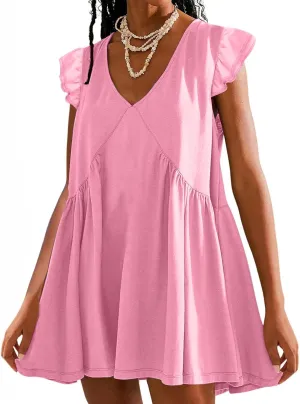 Women 2024 Summer Boho Beach Casual Short Dress Ruffle Cap Sleeve V Neck Cute Flowy Swing A-Line Mini Dress Sundress