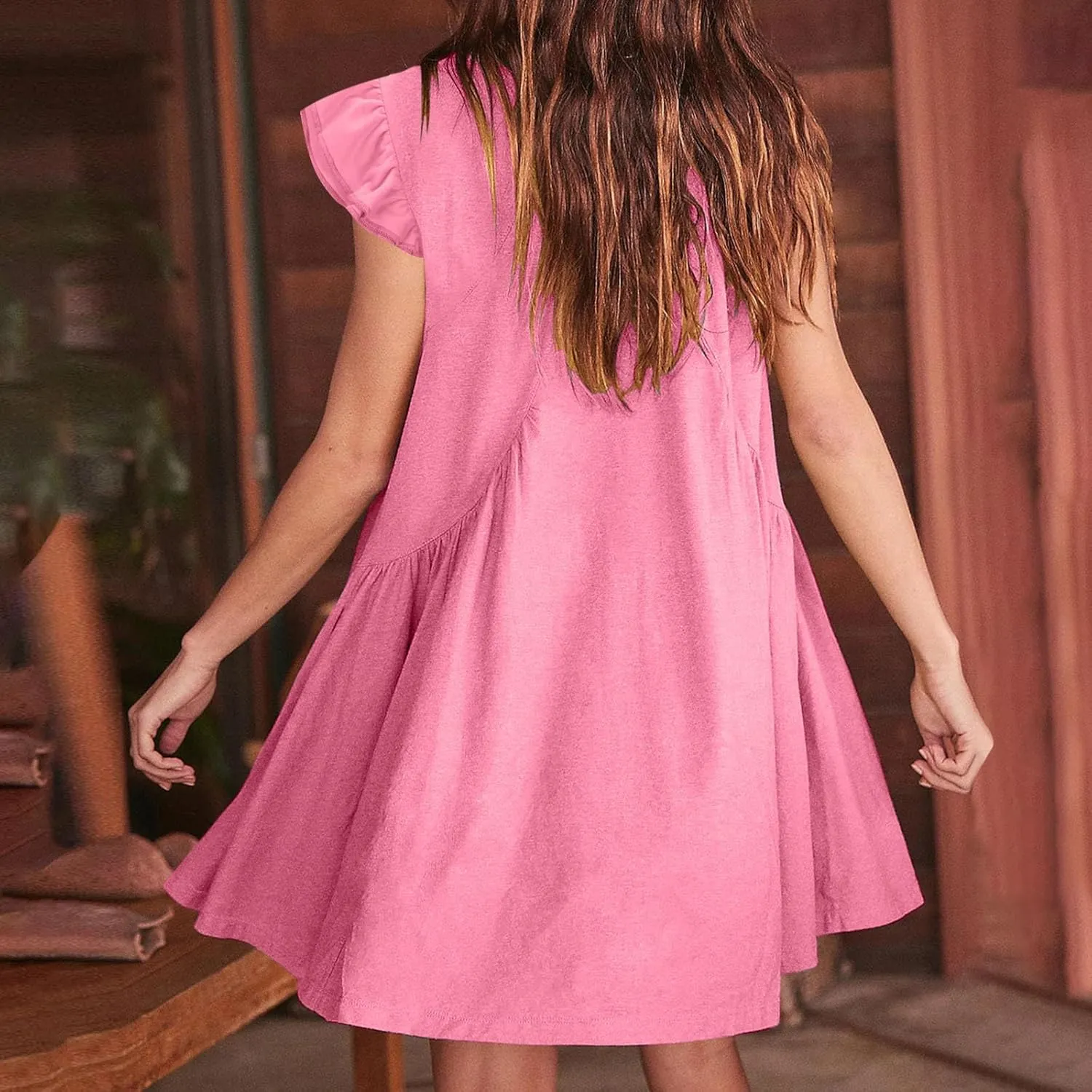 Women 2024 Summer Boho Beach Casual Short Dress Ruffle Cap Sleeve V Neck Cute Flowy Swing A-Line Mini Dress Sundress