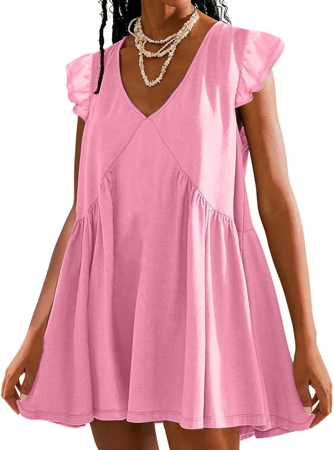 Women 2024 Summer Boho Beach Casual Short Dress Ruffle Cap Sleeve V Neck Cute Flowy Swing A-Line Mini Dress Sundress