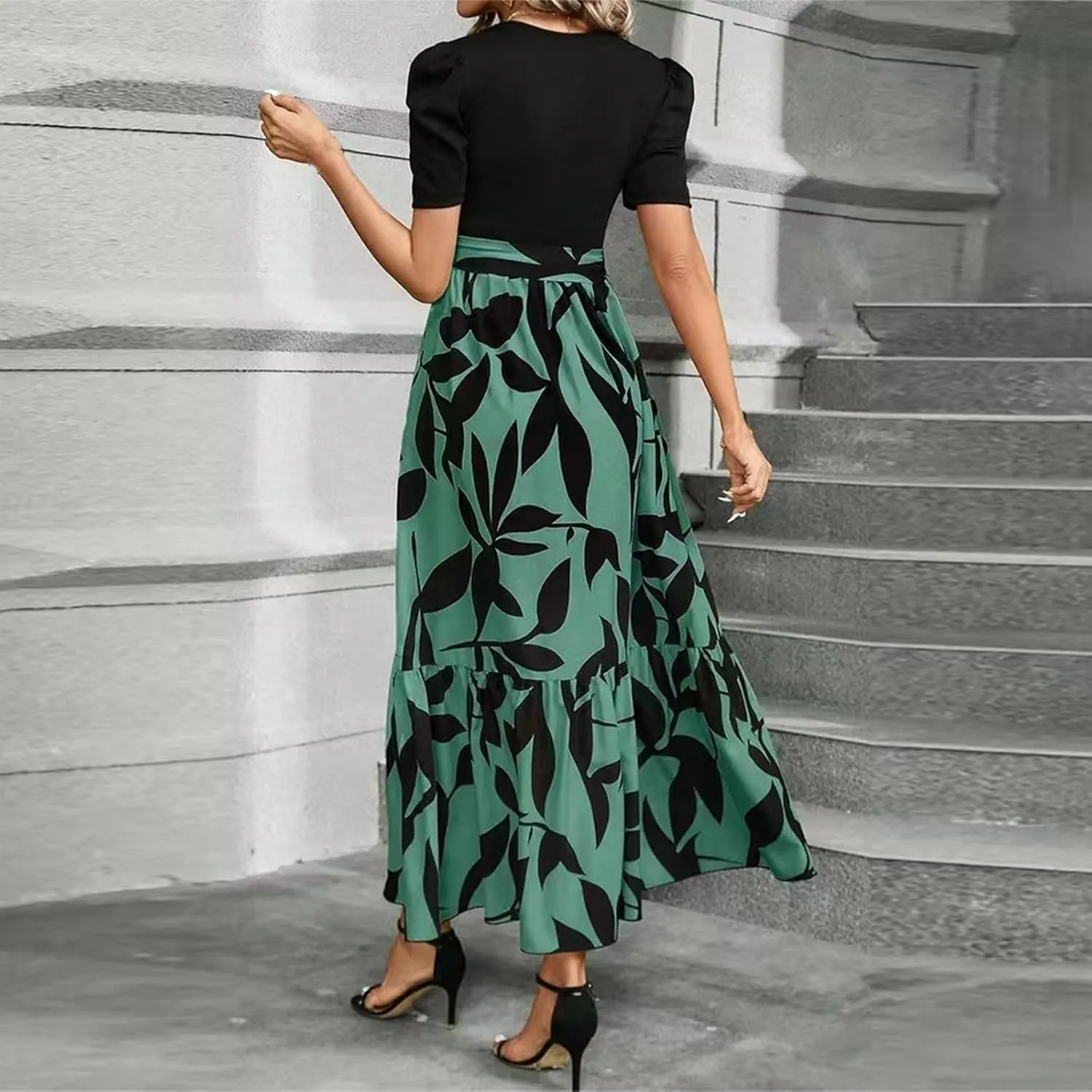 Women 2025 Casual Dresses with Pockets Ruffle Short Sleeve Summer Maxi Dress Long Flowy Floral Printed Dresses