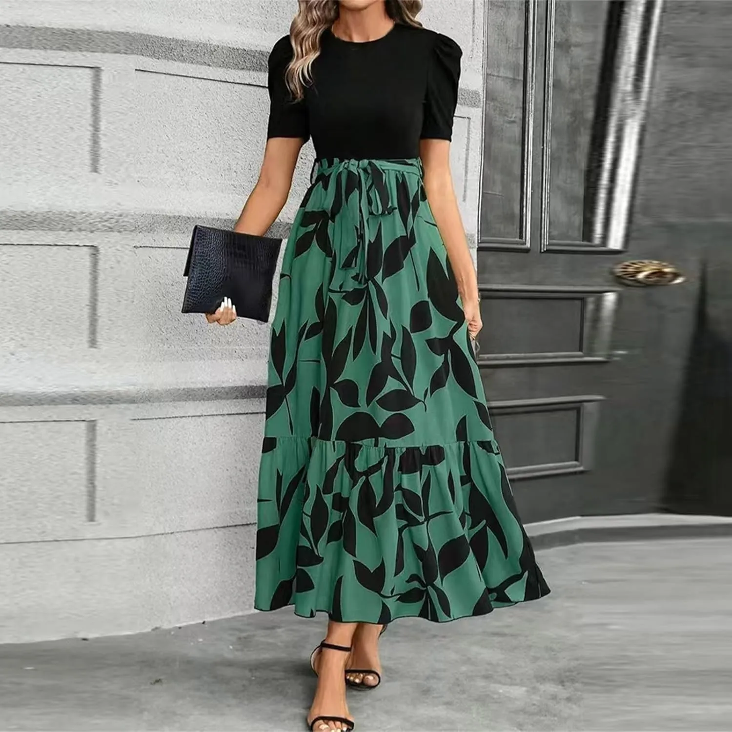 Women 2025 Casual Dresses with Pockets Ruffle Short Sleeve Summer Maxi Dress Long Flowy Floral Printed Dresses