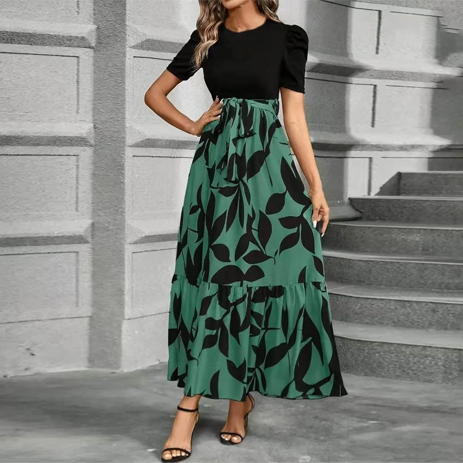 Women 2025 Casual Dresses with Pockets Ruffle Short Sleeve Summer Maxi Dress Long Flowy Floral Printed Dresses