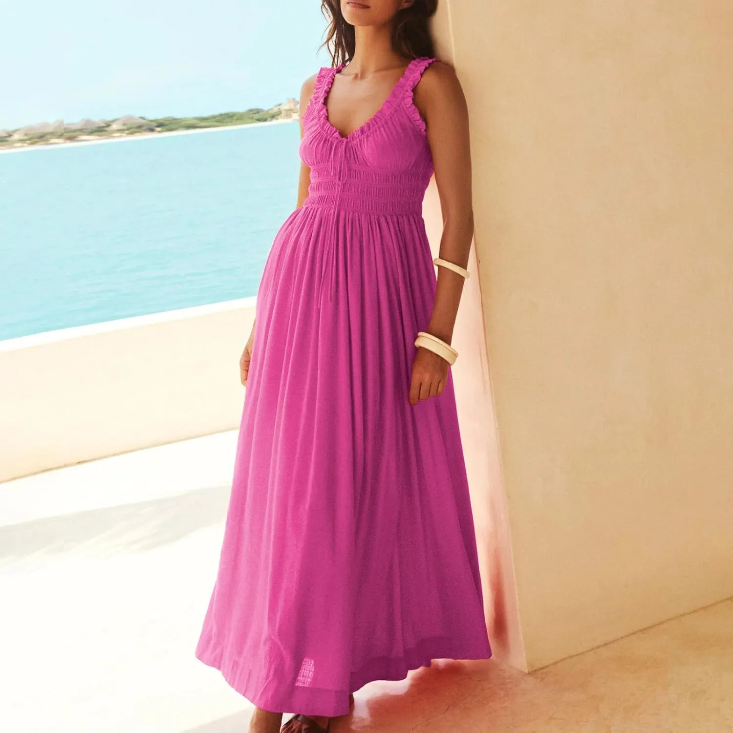 Women 2025 Summer Sleeveless Smocked Empire Waist Tank Dress Summer Beach Tiered Long Dresses French Milkmaid Sundress