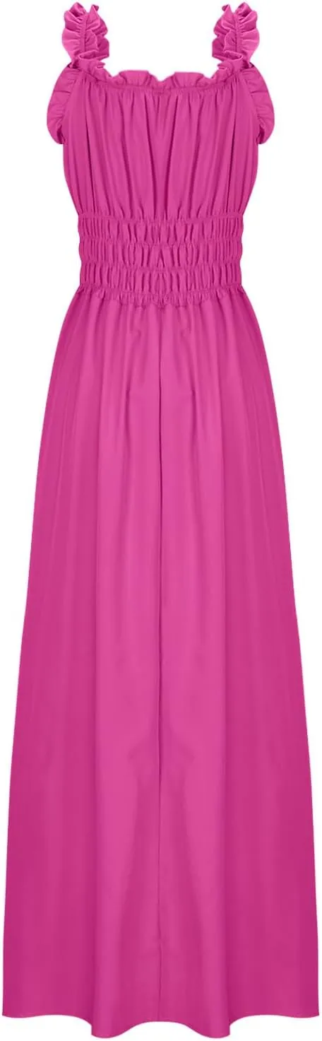 Women 2025 Summer Sleeveless Smocked Empire Waist Tank Dress Summer Beach Tiered Long Dresses French Milkmaid Sundress