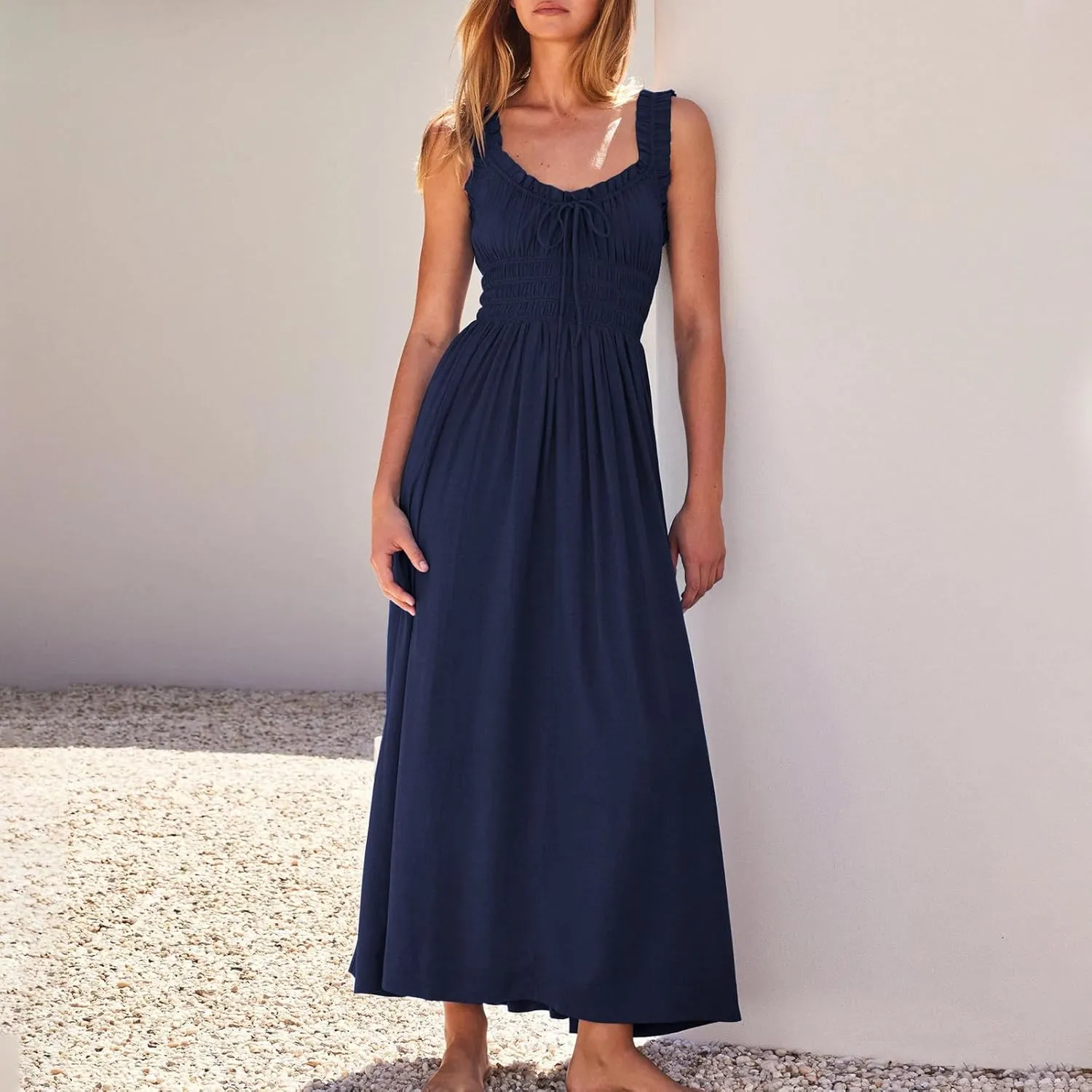 Women 2025 Summer Sleeveless Smocked Empire Waist Tank Dress Summer Beach Tiered Long Dresses French Milkmaid Sundress