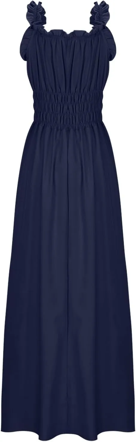 Women 2025 Summer Sleeveless Smocked Empire Waist Tank Dress Summer Beach Tiered Long Dresses French Milkmaid Sundress