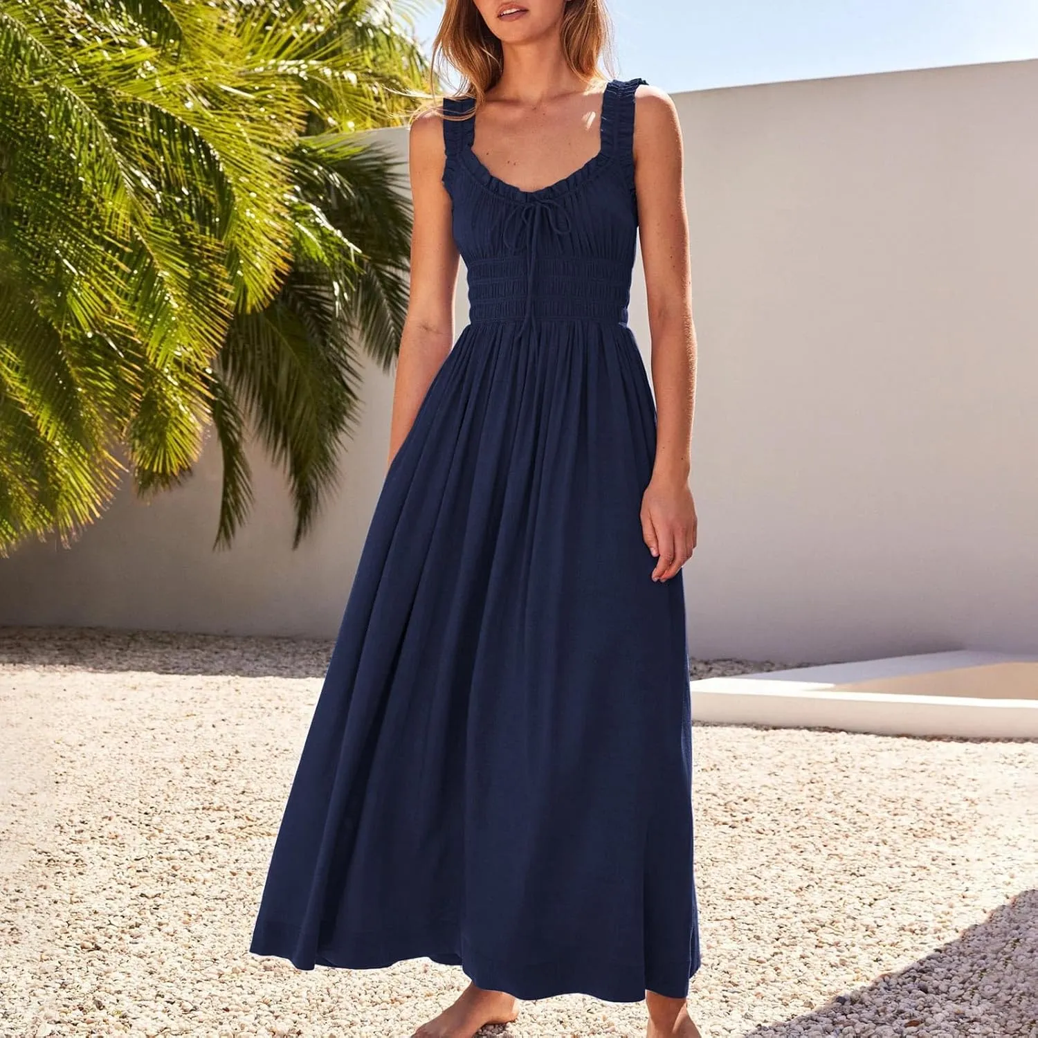 Women 2025 Summer Sleeveless Smocked Empire Waist Tank Dress Summer Beach Tiered Long Dresses French Milkmaid Sundress