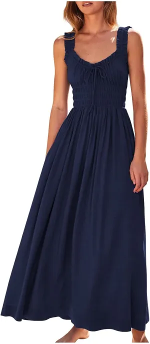 Women 2025 Summer Sleeveless Smocked Empire Waist Tank Dress Summer Beach Tiered Long Dresses French Milkmaid Sundress
