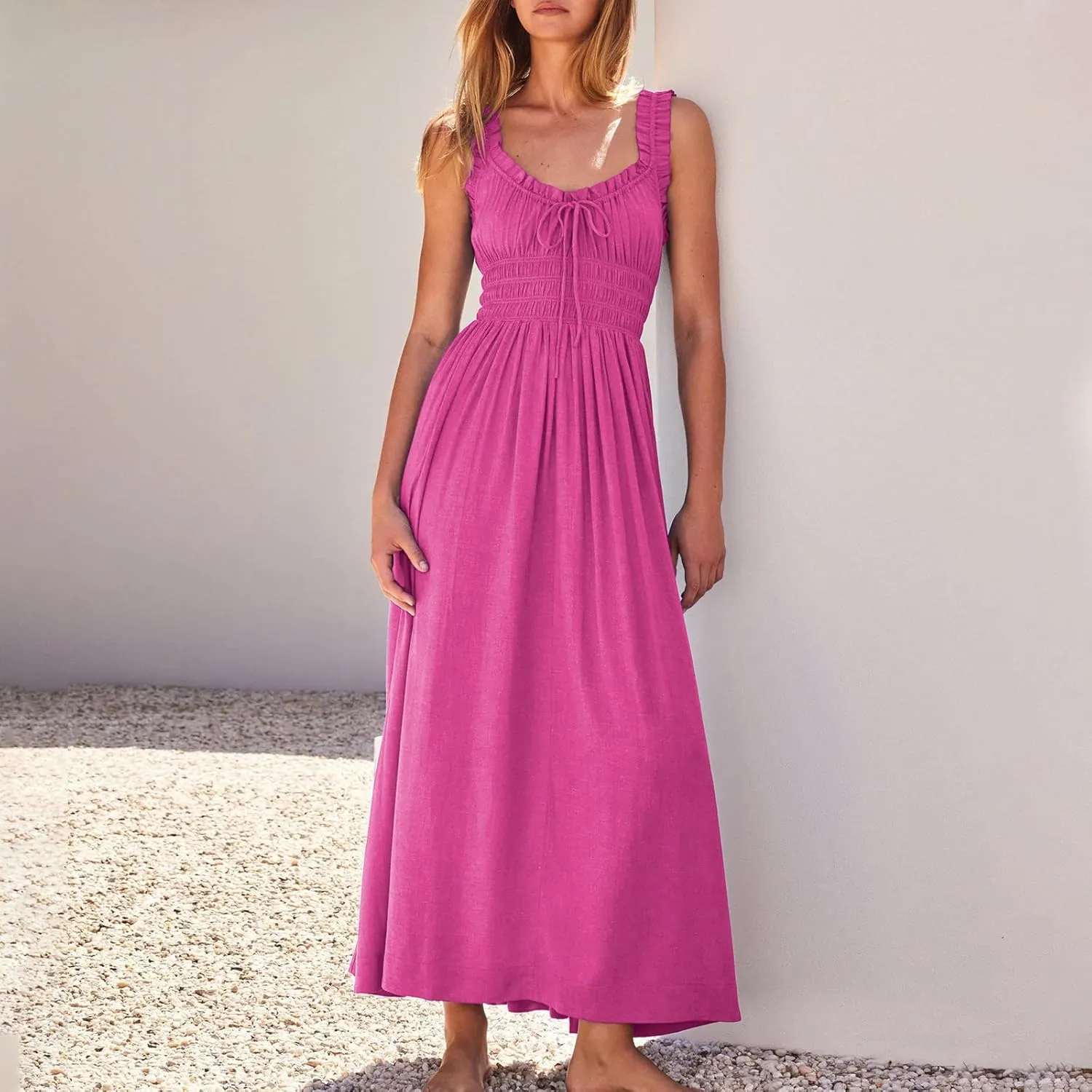 Women 2025 Summer Sleeveless Smocked Empire Waist Tank Dress Summer Beach Tiered Long Dresses French Milkmaid Sundress