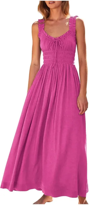Women 2025 Summer Sleeveless Smocked Empire Waist Tank Dress Summer Beach Tiered Long Dresses French Milkmaid Sundress