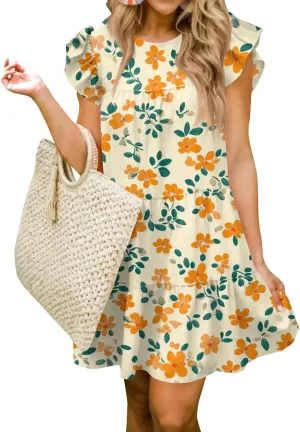 Women Babydoll Summer Casual Crew Neck Ruffle Sleeve Sleeveless Flowy Mini Short Tunic Dress Floral Print Pleated Dress2-Orange,X-Large