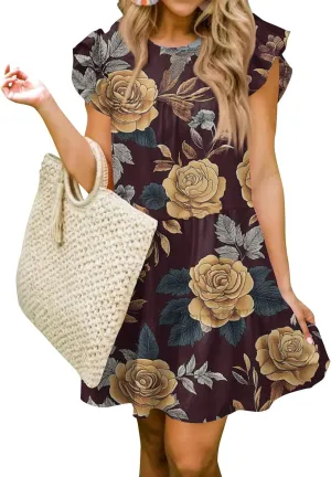 Women Babydoll Summer Casual Crew Neck Ruffle Sleeve Sleeveless Flowy Mini Short Tunic Dress Floral Print Pleated Dress3-Deep Red,Small