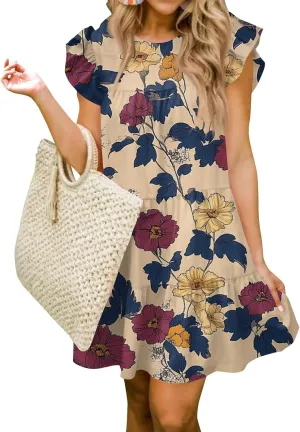 Women Babydoll Summer Casual Crew Neck Ruffle Sleeve Sleeveless Flowy Mini Short Tunic Dress Floral Print Pleated Dress3-Khaki,Large