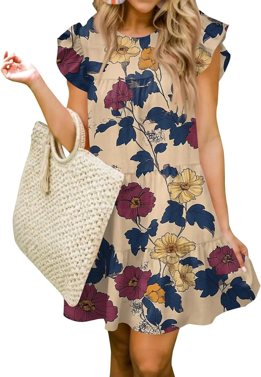 Women Babydoll Summer Casual Crew Neck Ruffle Sleeve Sleeveless Flowy Mini Short Tunic Dress Floral Print Pleated Dress3-Khaki,Large