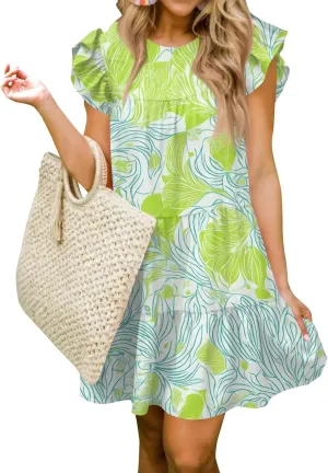 Women Babydoll Summer Casual Crew Neck Ruffle Sleeve Sleeveless Flowy Mini Short Tunic Dress Floral Print Pleated Dress5-Fluorescent Green,Small