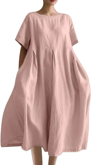 Women Basic Cotton Linen A-Line Dress Summer Short Sleeve Crewneck Flowy Midi Dresses Plus Size Casual Beach Dress