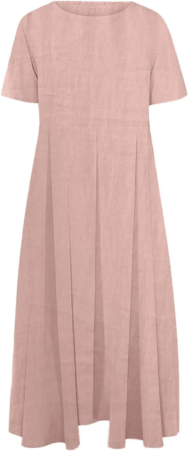 Women Basic Cotton Linen A-Line Dress Summer Short Sleeve Crewneck Flowy Midi Dresses Plus Size Casual Beach Dress