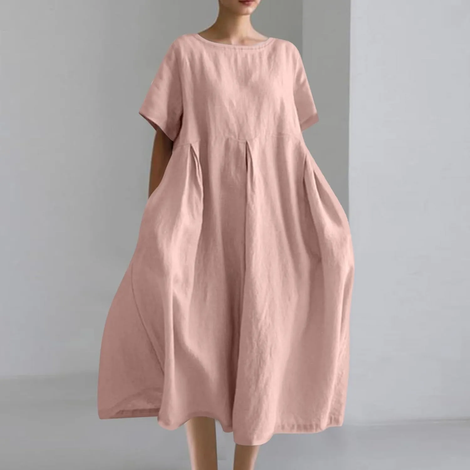 Women Basic Cotton Linen A-Line Dress Summer Short Sleeve Crewneck Flowy Midi Dresses Plus Size Casual Beach Dress