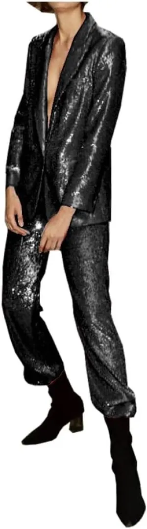 Women Black Sequins Suits Set Sequins Blazer Sparkly Glitter Wedding Party Wear Suits Blazer and Pants Set