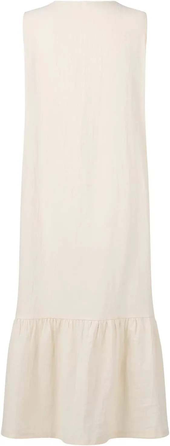 Women Button Down Tank Dress Cotton Linen Pleated Hem Swing Dresses Summer Casual Sleeveless V Neck Midi Dresses