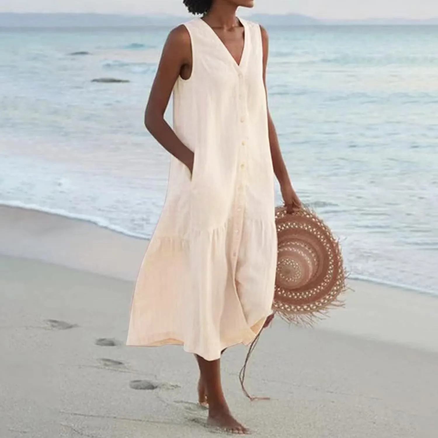 Women Button Down Tank Dress Cotton Linen Pleated Hem Swing Dresses Summer Casual Sleeveless V Neck Midi Dresses