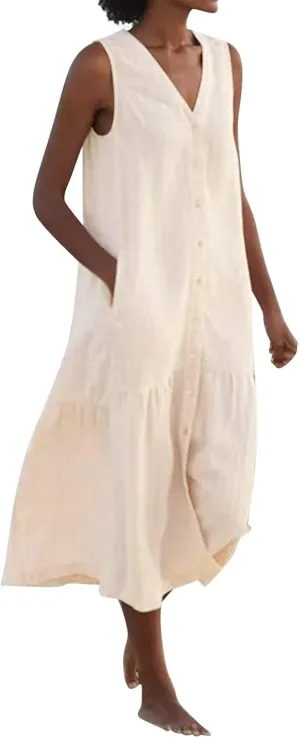 Women Button Down Tank Dress Cotton Linen Pleated Hem Swing Dresses Summer Casual Sleeveless V Neck Midi Dresses