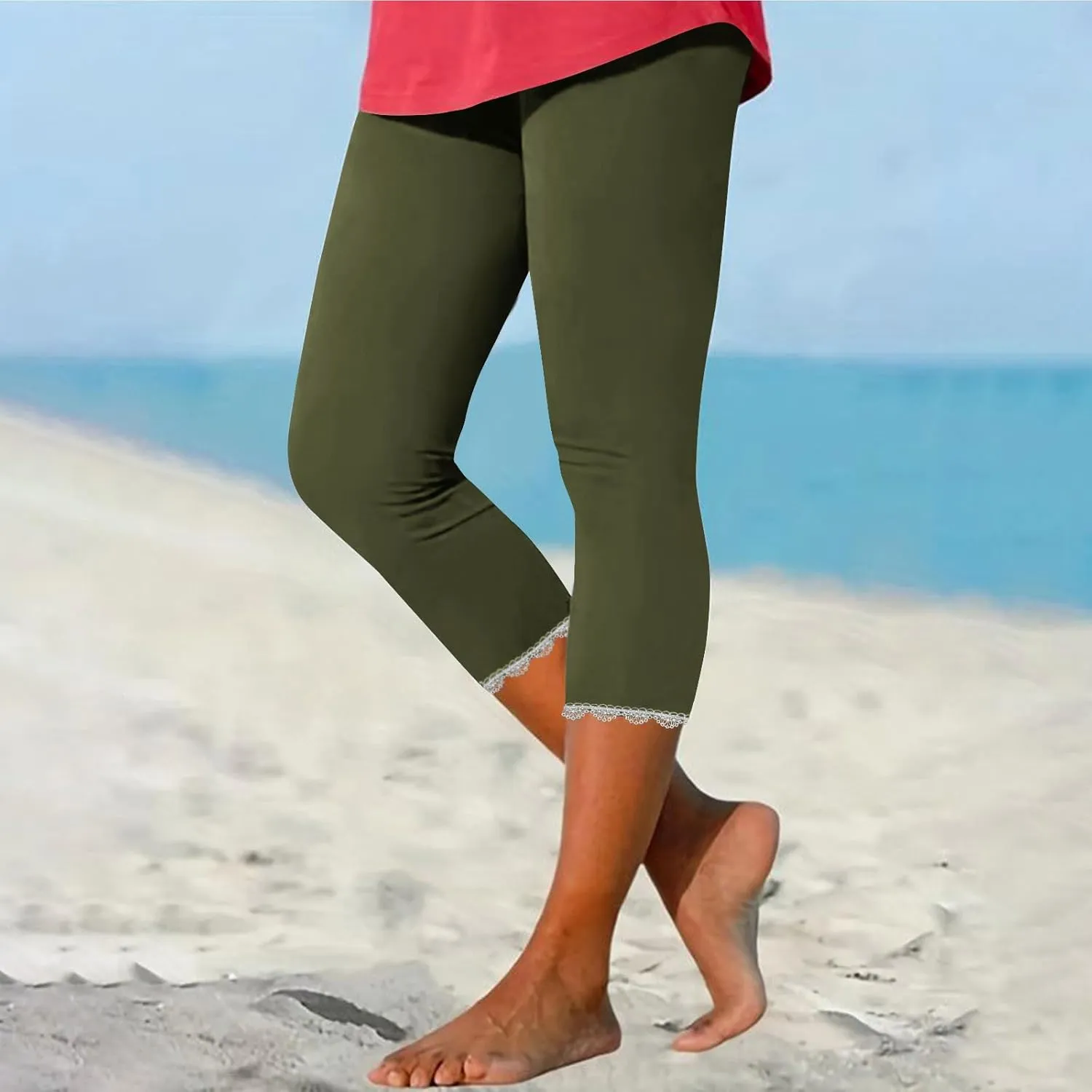Women Capris Bottom Leggings Summer High Waist Slim Lace Hem Capris Pants Casual Fitting Athletic Gym Yoga Pants 2025