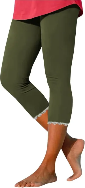 Women Capris Bottom Leggings Summer High Waist Slim Lace Hem Capris Pants Casual Fitting Athletic Gym Yoga Pants 2025