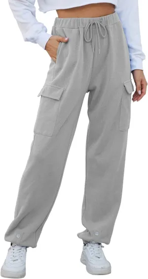Women Cinch Bottom Cargo Sweatpants Casual Baggy High Waisted Wide Leg Joggers Pants Trousers with Pockets