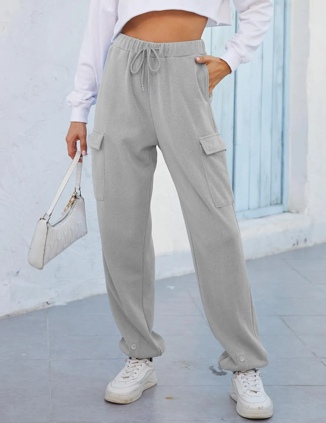 Women Cinch Bottom Cargo Sweatpants Casual Baggy High Waisted Wide Leg Joggers Pants Trousers with Pockets