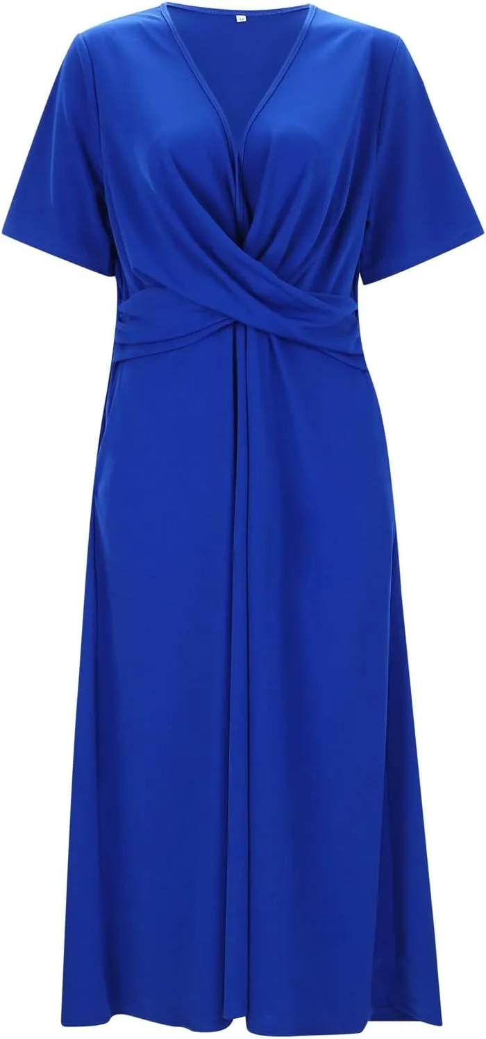 Women Cocktail Wrap Wedding Guest Formal Dresses V Neck Half Sleeve Vintage Tea Length Midi Party Dress with Pockets