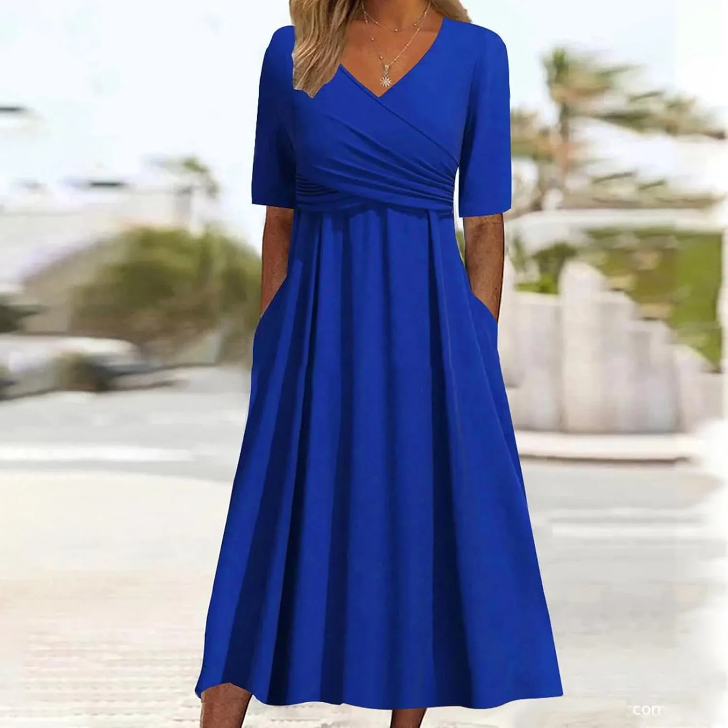 Women Cocktail Wrap Wedding Guest Formal Dresses V Neck Half Sleeve Vintage Tea Length Midi Party Dress with Pockets