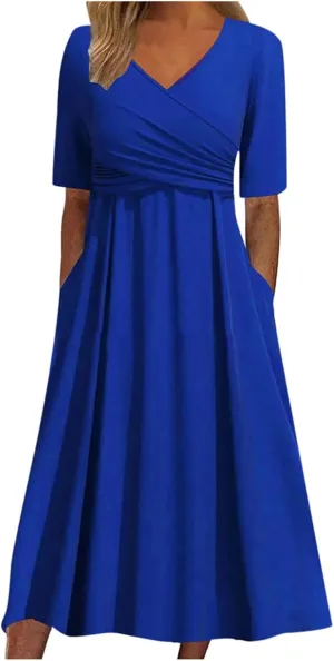 Women Cocktail Wrap Wedding Guest Formal Dresses V Neck Half Sleeve Vintage Tea Length Midi Party Dress with Pockets