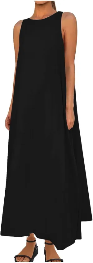 Women Comfy Maxi Sundress Summer Sleeveless Casual Beach Dresses Flowy Lightweight Crewneck Tank Dress with Pockets